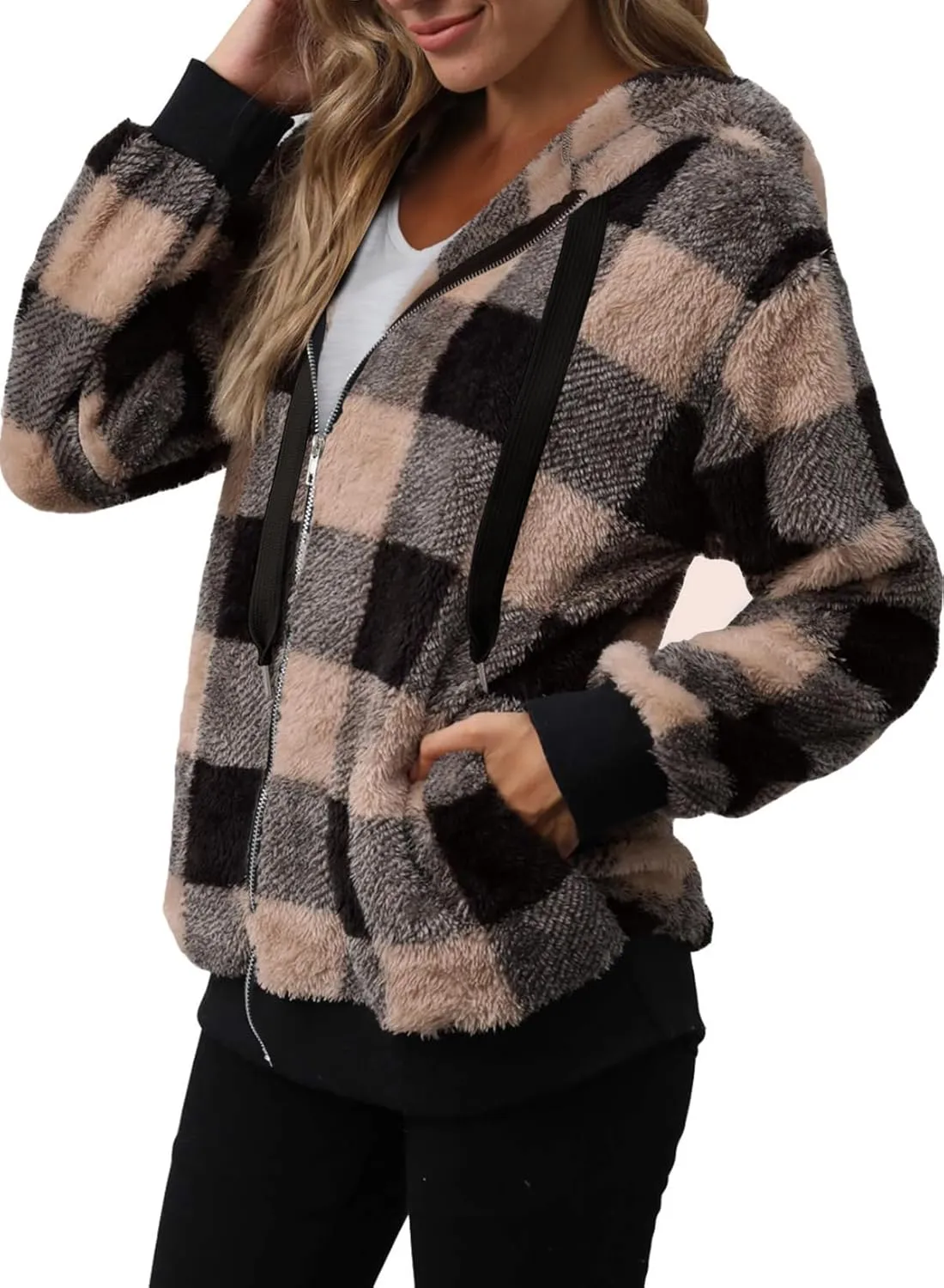 Nirovien Womens Sherpa Jacket Fuzzy Zip Up Hoodie Oversized Fleece Jackets Fluffy Coat with Pockets