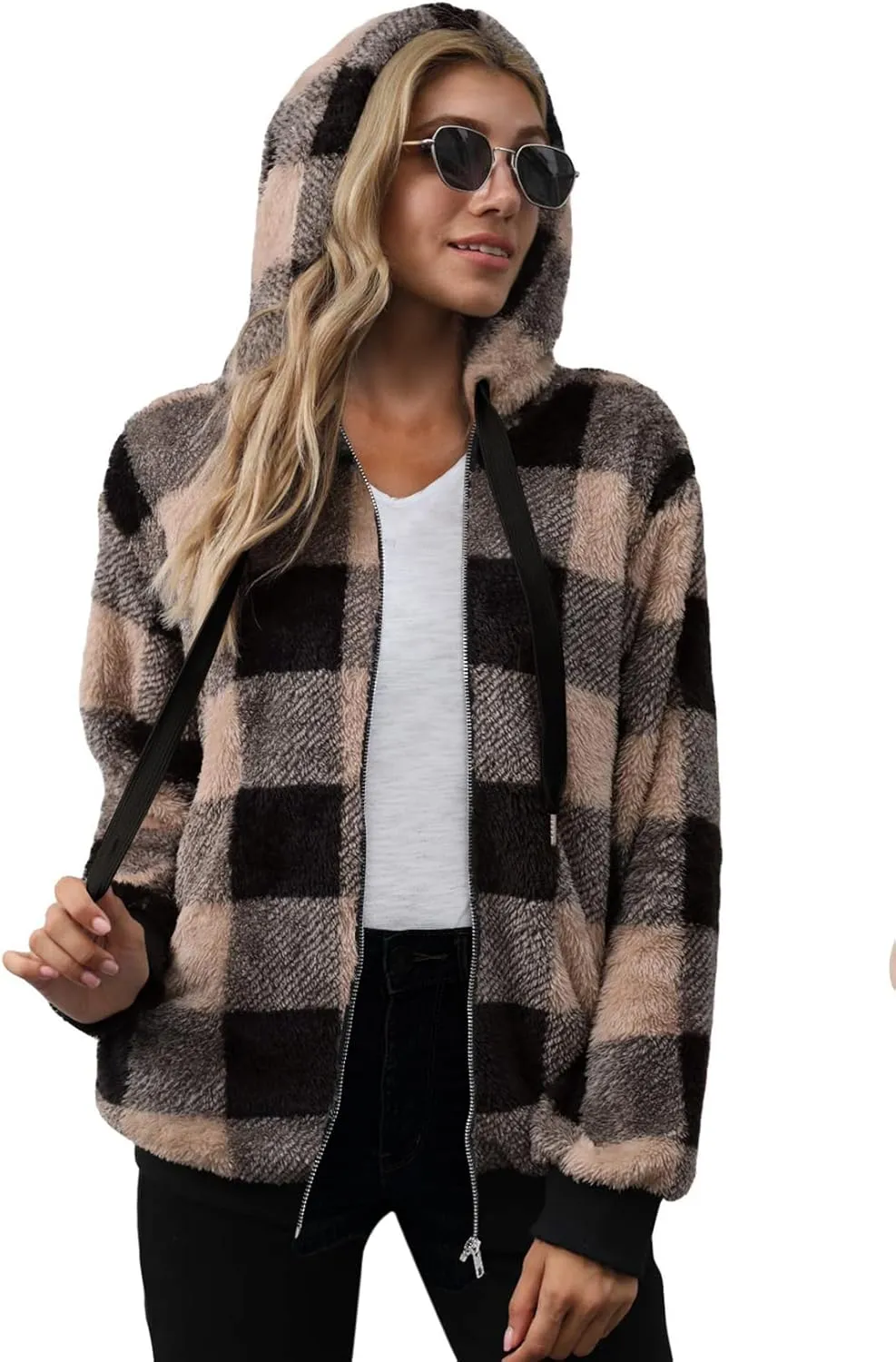 Nirovien Womens Sherpa Jacket Fuzzy Zip Up Hoodie Oversized Fleece Jackets Fluffy Coat with Pockets