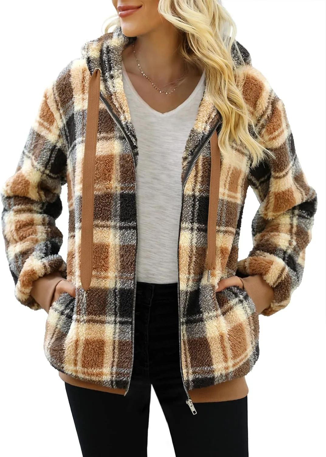 Nirovien Womens Sherpa Jacket Fuzzy Zip Up Hoodie Oversized Fleece Jackets Fluffy Coat with Pockets