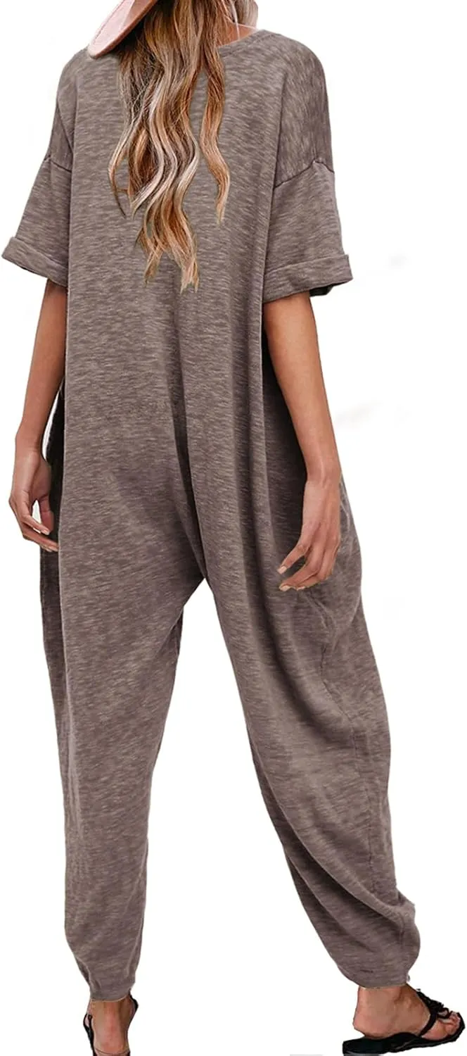 Nirovien Women's Solid Color V Neck Jumpsuits Casual Half Sleeve Long Rompers Beam Foot Baggy Overalls