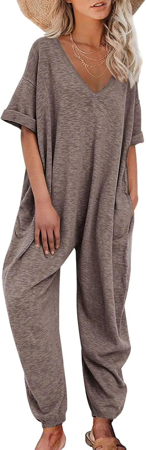 Nirovien Women's Solid Color V Neck Jumpsuits Casual Half Sleeve Long Rompers Beam Foot Baggy Overalls