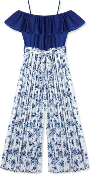 oklady Girls' Jumpsuits Belted Ruffle Top High-waisted Wide Leg Pleated Pants One Piece Outfit 6-14 Y