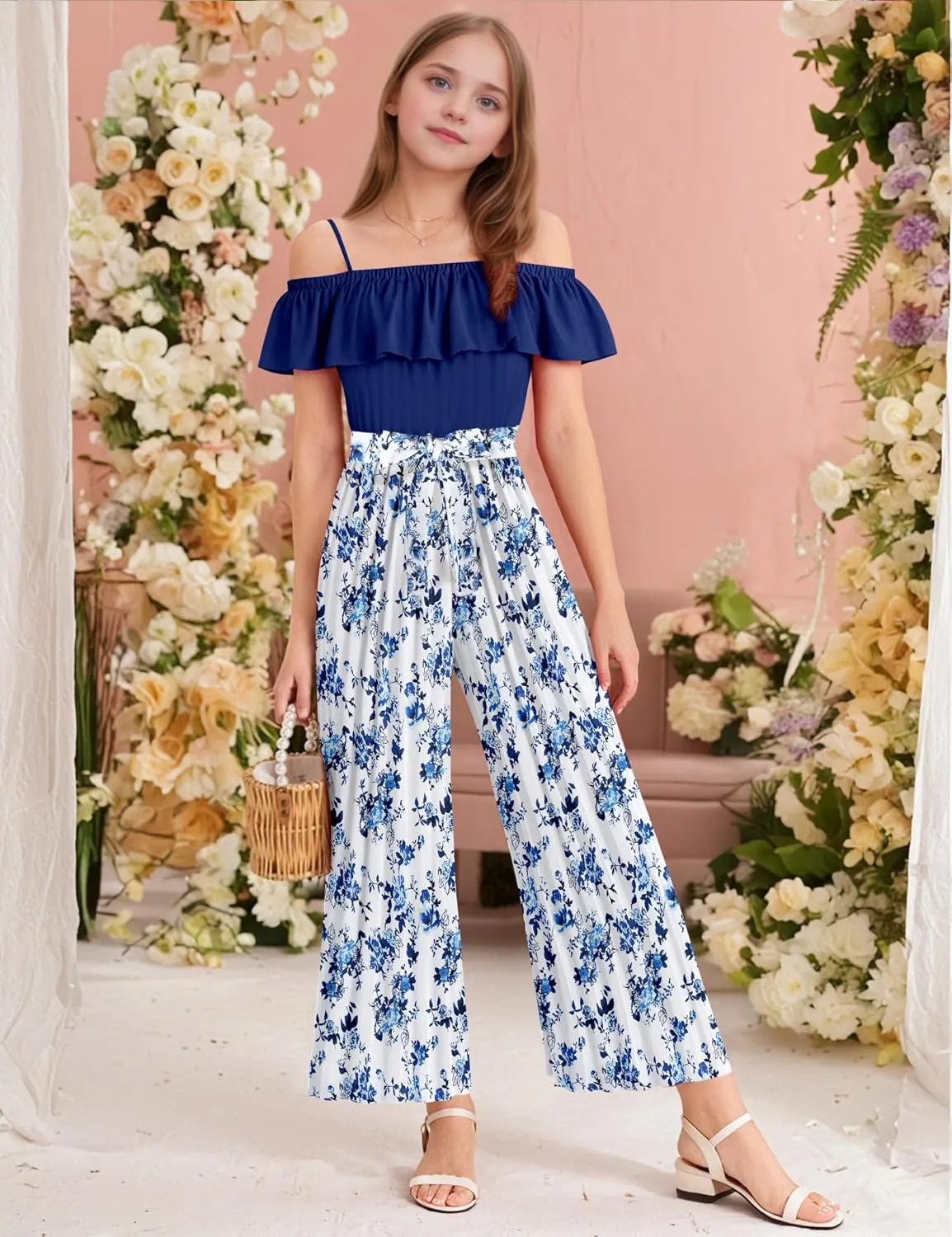 oklady Girls' Jumpsuits Belted Ruffle Top High-waisted Wide Leg Pleated Pants One Piece Outfit 6-14 Y