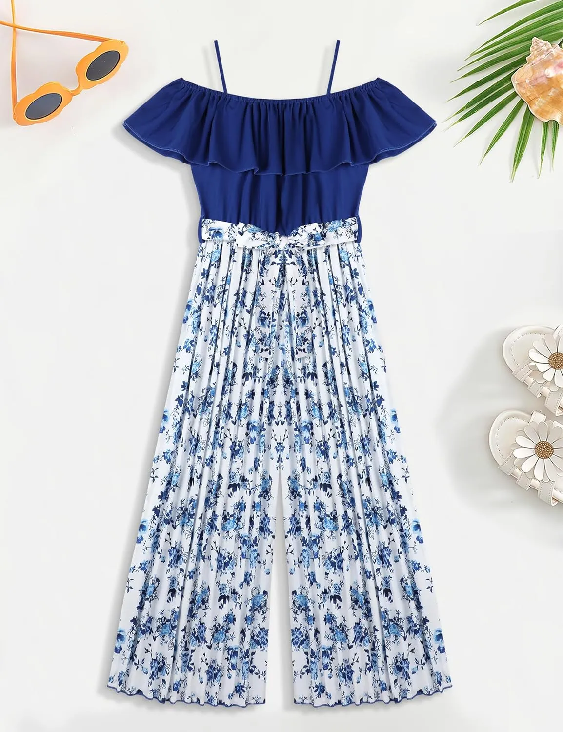 oklady Girls' Jumpsuits Belted Ruffle Top High-waisted Wide Leg Pleated Pants One Piece Outfit 6-14 Y