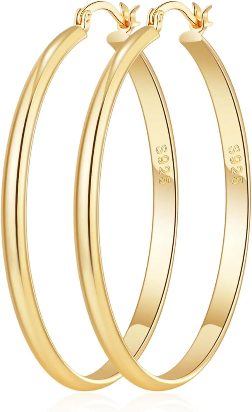 OOOPEL 3mm Wide Large Gold/Silver Hoop Earrings Sterling Silver Hoop Earrings For Women Big Gold Hoops Hypoallergenic 925 Sterling Sliver Earrings Hoops 30/40/50/60mm