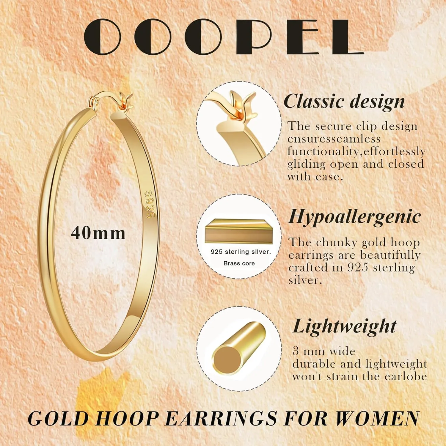 OOOPEL 3mm Wide Large Gold/Silver Hoop Earrings Sterling Silver Hoop Earrings For Women Big Gold Hoops Hypoallergenic 925 Sterling Sliver Earrings Hoops 30/40/50/60mm