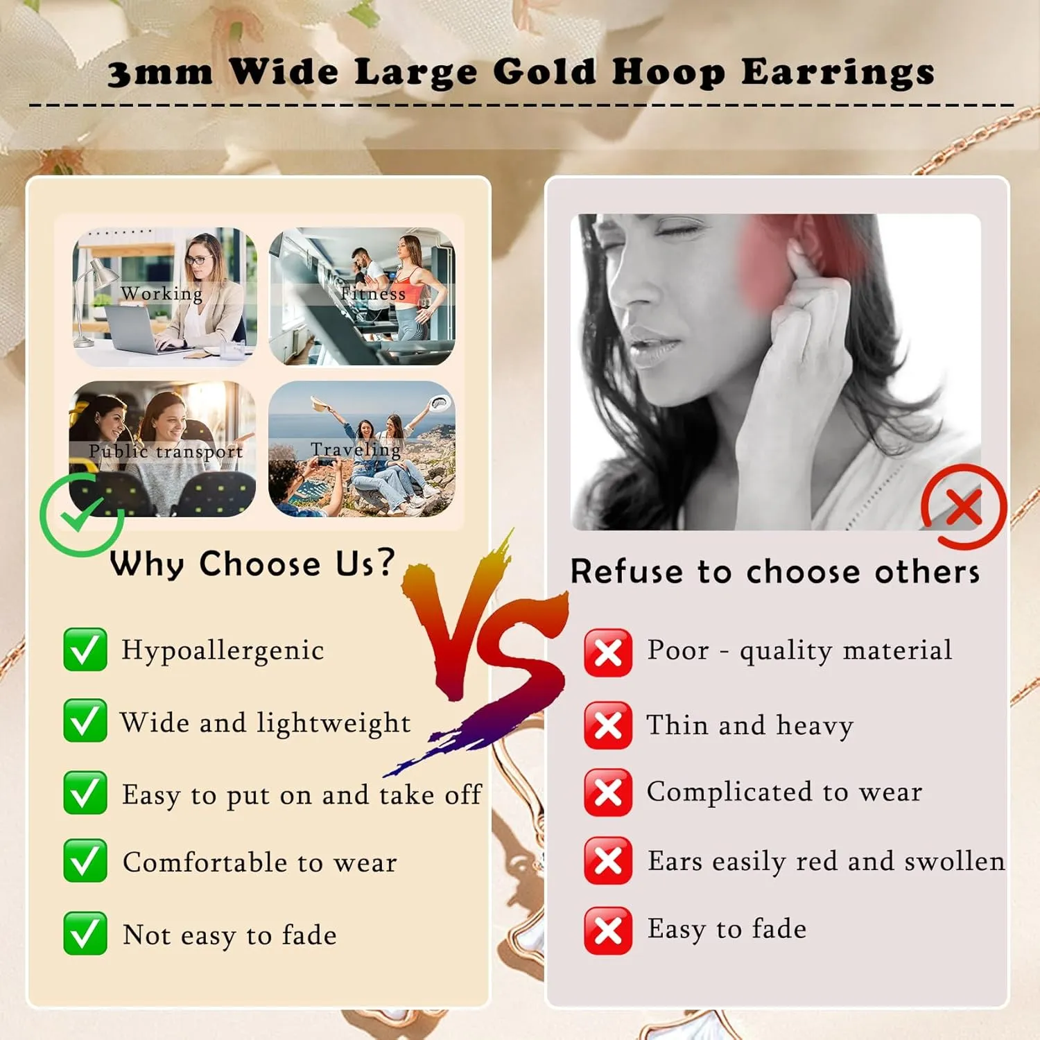 OOOPEL 3mm Wide Large Gold/Silver Hoop Earrings Sterling Silver Hoop Earrings For Women Big Gold Hoops Hypoallergenic 925 Sterling Sliver Earrings Hoops 30/40/50/60mm