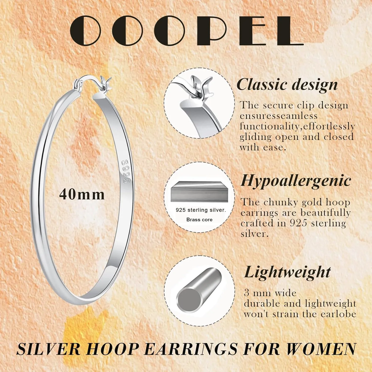 OOOPEL 3mm Wide Large Gold/Silver Hoop Earrings Sterling Silver Hoop Earrings For Women Big Gold Hoops Hypoallergenic 925 Sterling Sliver Earrings Hoops 30/40/50/60mm