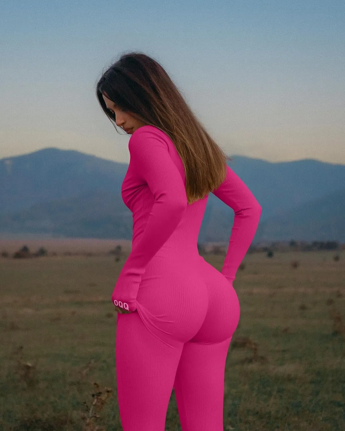 OQQ Women Yoga Jumpsuits Workout Ribbed Long Sleeve Zip Front Sport Jumpsuits