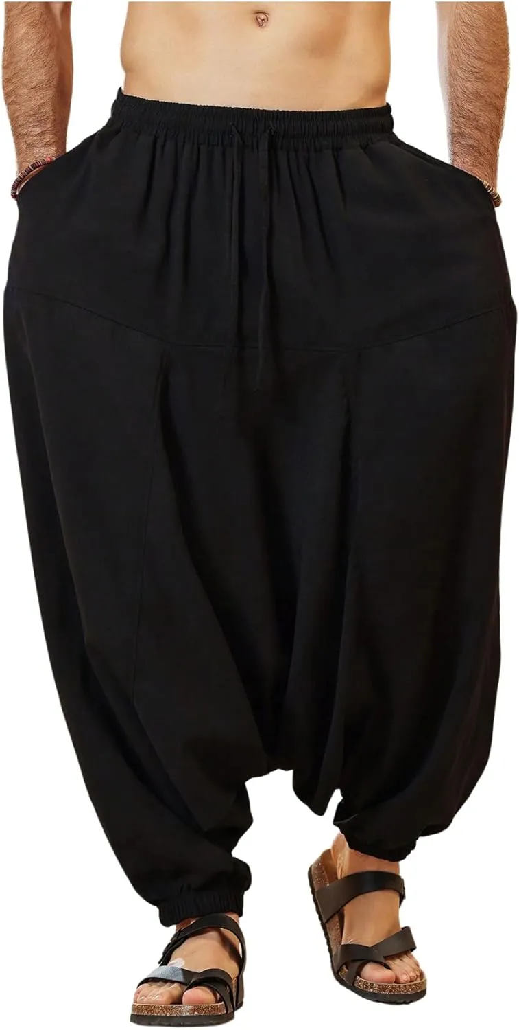 OYOANGLE Men's Hippie Harem Pants Elastic Drawstring Waist Loose Fit Drop Crotch Jogger Trousers
