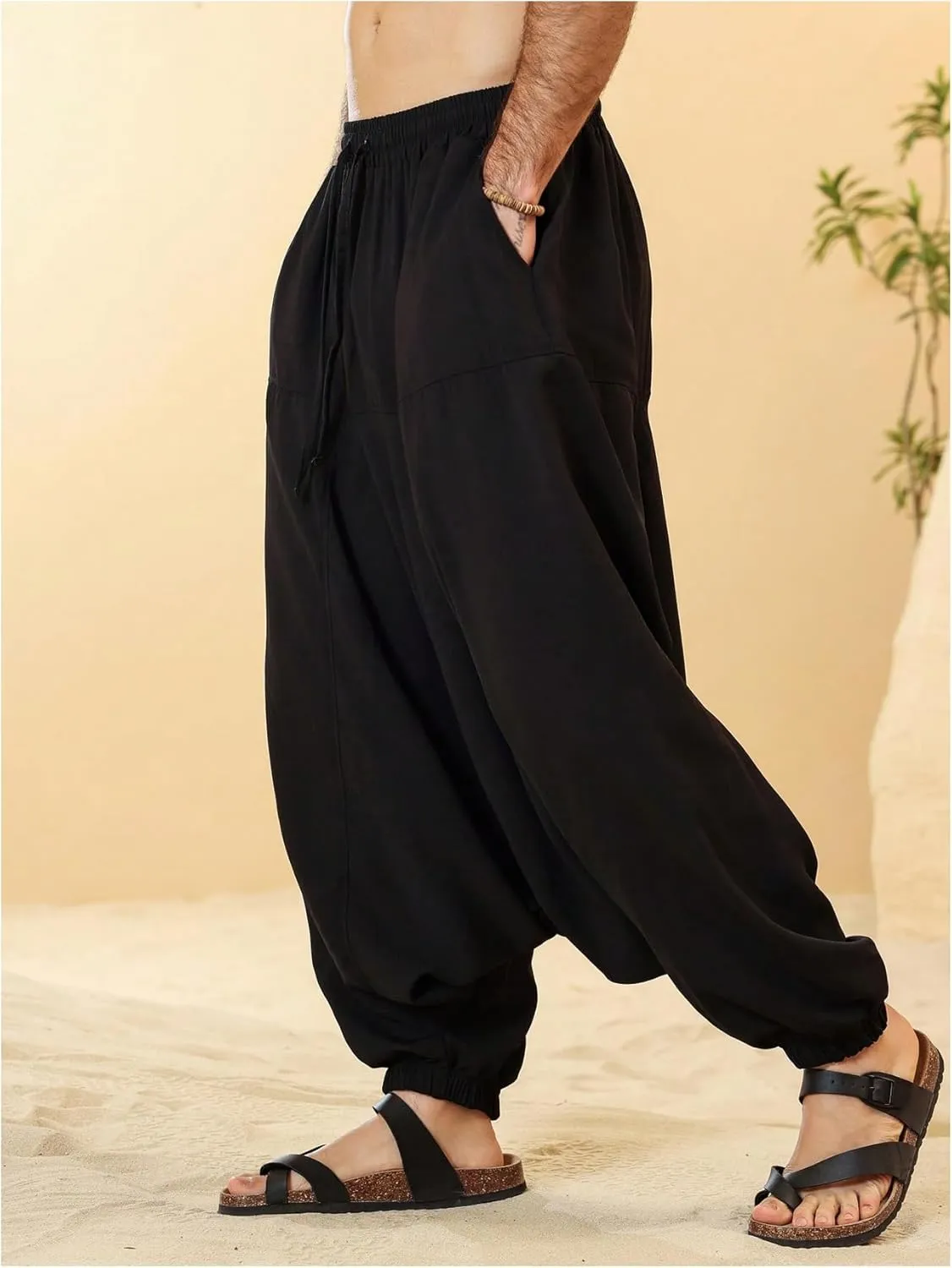 OYOANGLE Men's Hippie Harem Pants Elastic Drawstring Waist Loose Fit Drop Crotch Jogger Trousers