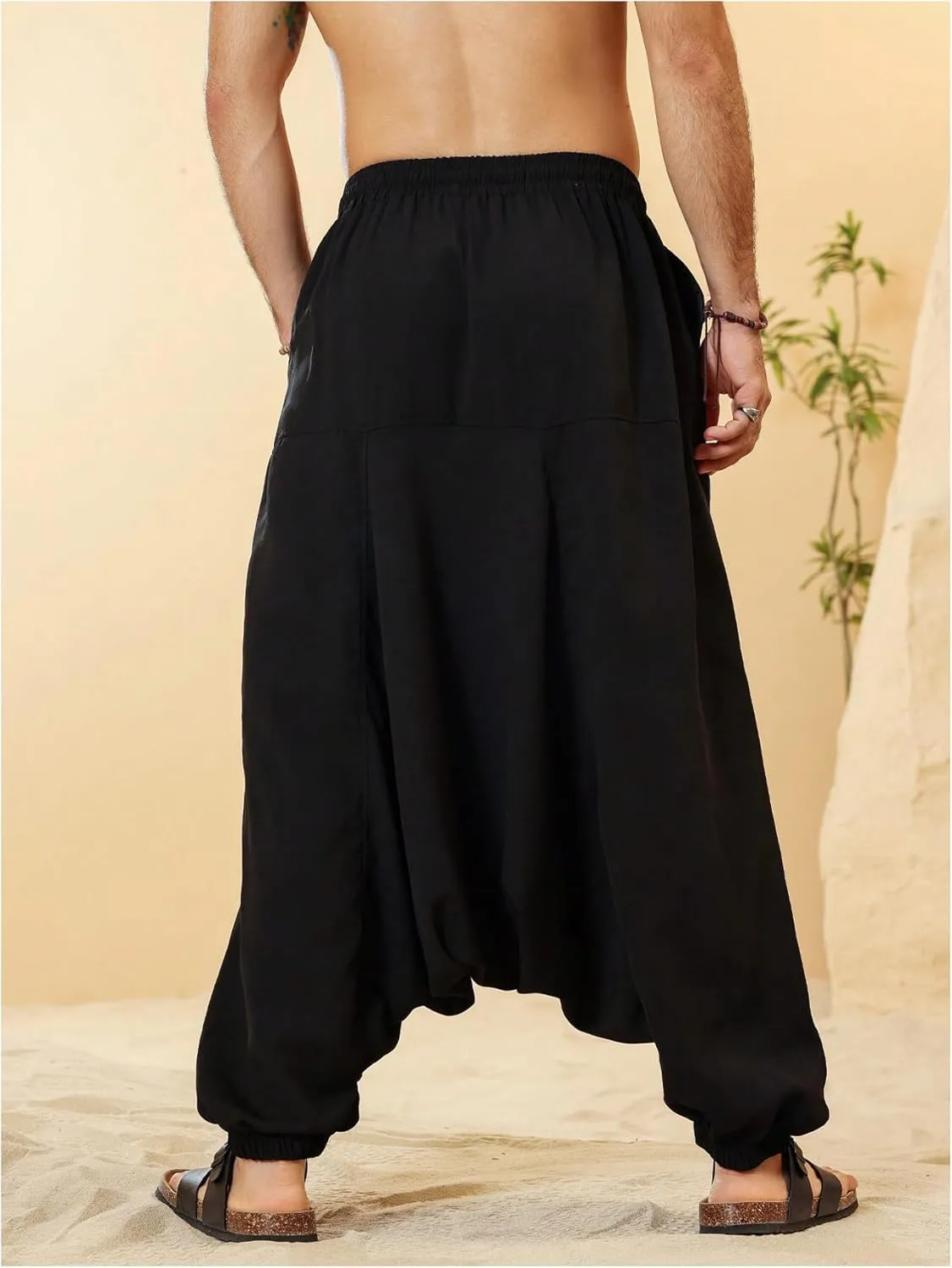 OYOANGLE Men's Hippie Harem Pants Elastic Drawstring Waist Loose Fit Drop Crotch Jogger Trousers