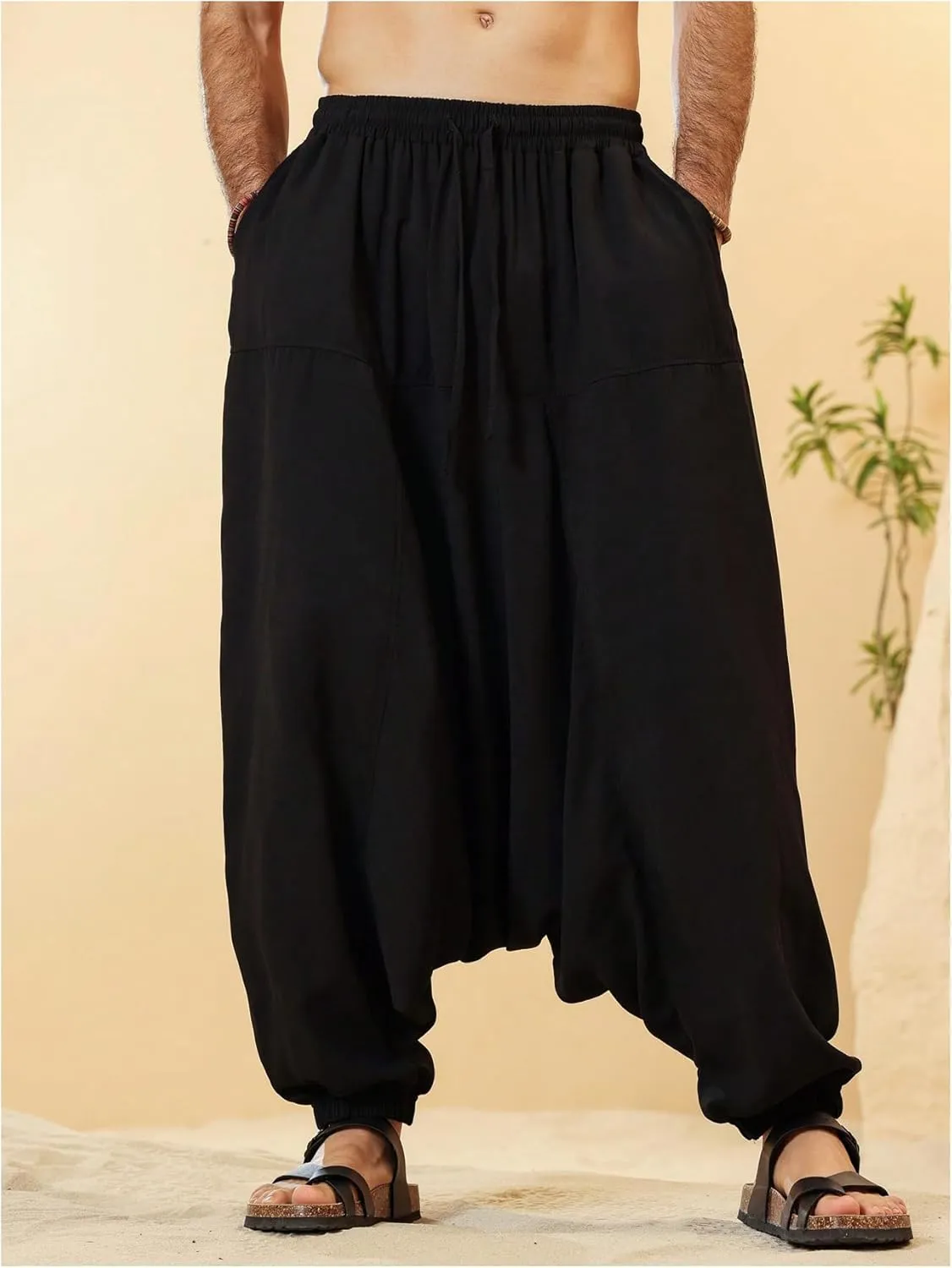 OYOANGLE Men's Hippie Harem Pants Elastic Drawstring Waist Loose Fit Drop Crotch Jogger Trousers