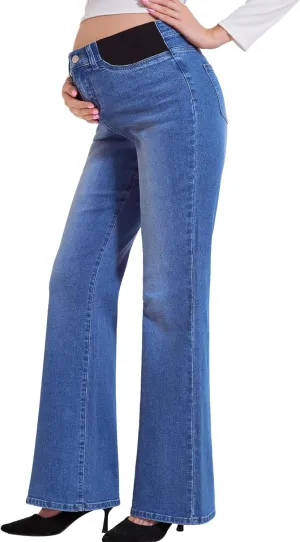 PACBREEZE Women's Maternity Flare Jeans Mid-Rise Stretchy Bell Bootcut Jeans Denim Pregnancy Pants, S-XXL