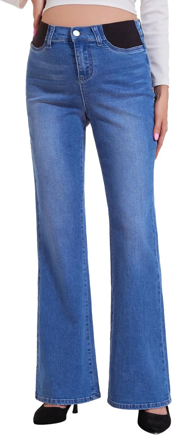 PACBREEZE Women's Maternity Flare Jeans Mid-Rise Stretchy Bell Bootcut Jeans Denim Pregnancy Pants, S-XXL