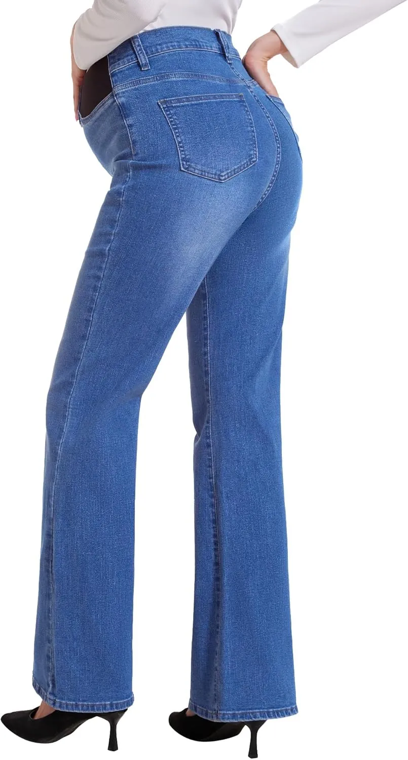 PACBREEZE Women's Maternity Flare Jeans Mid-Rise Stretchy Bell Bootcut Jeans Denim Pregnancy Pants, S-XXL