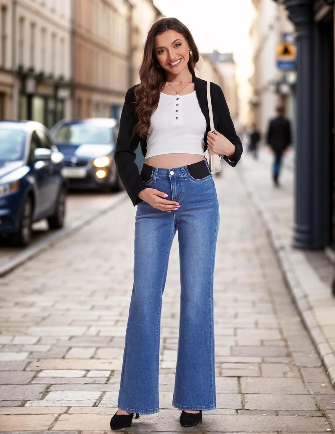 PACBREEZE Women's Maternity Flare Jeans Mid-Rise Stretchy Bell Bootcut Jeans Denim Pregnancy Pants, S-XXL