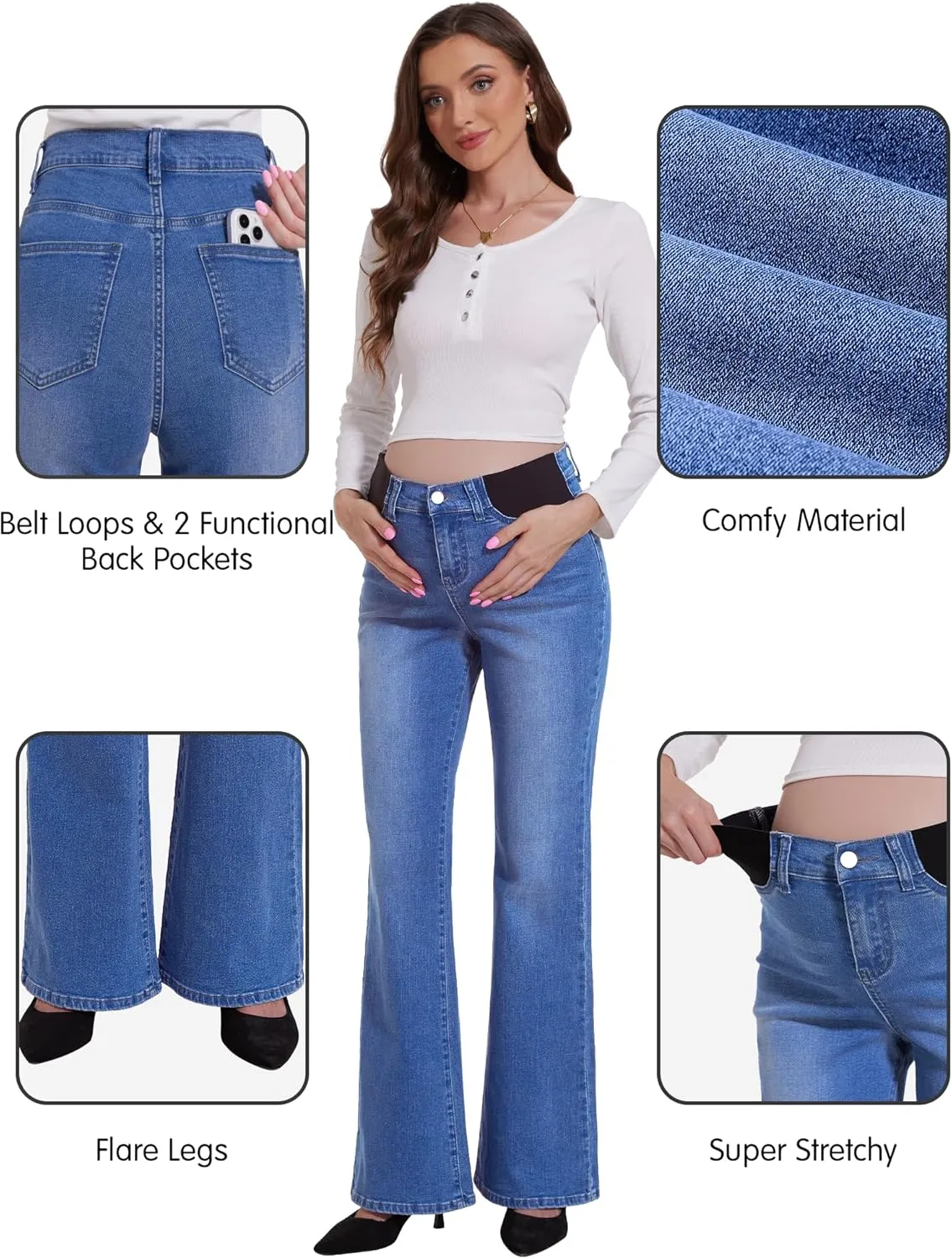 PACBREEZE Women's Maternity Flare Jeans Mid-Rise Stretchy Bell Bootcut Jeans Denim Pregnancy Pants, S-XXL