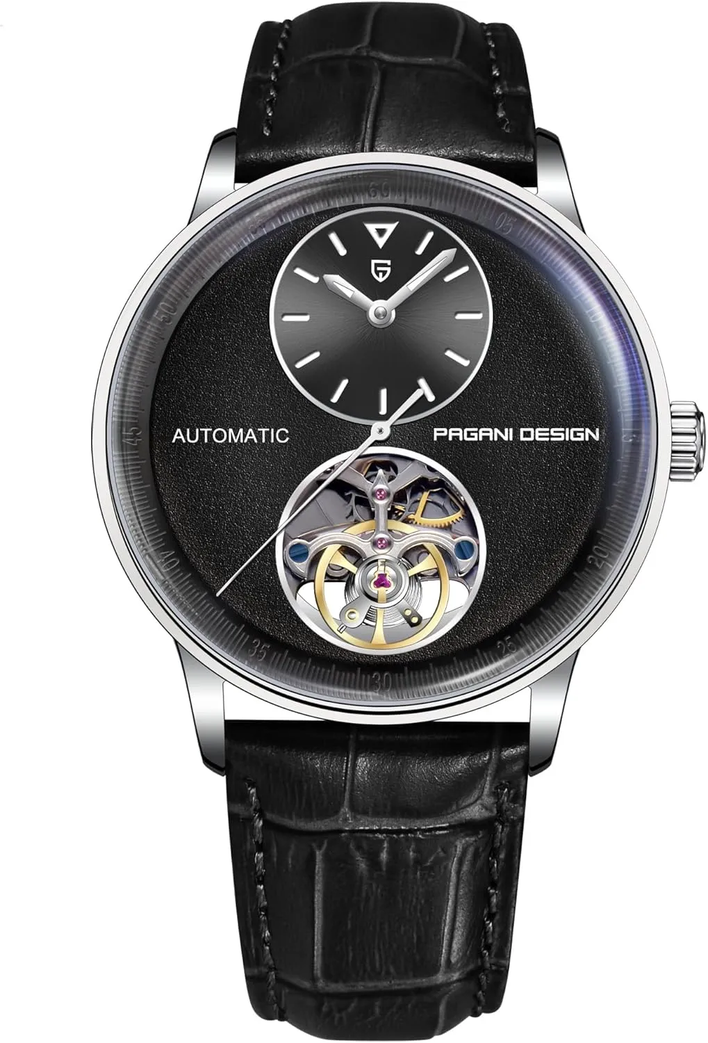 Pagani Design Men's Automatic Mechanical Watch Exposed Mechanical Movement 42mm 316L Stainless Steel with PU Leather Strap 100m Water Resistant (10ATM) Self-Winding Sapphire Crystal Glass
