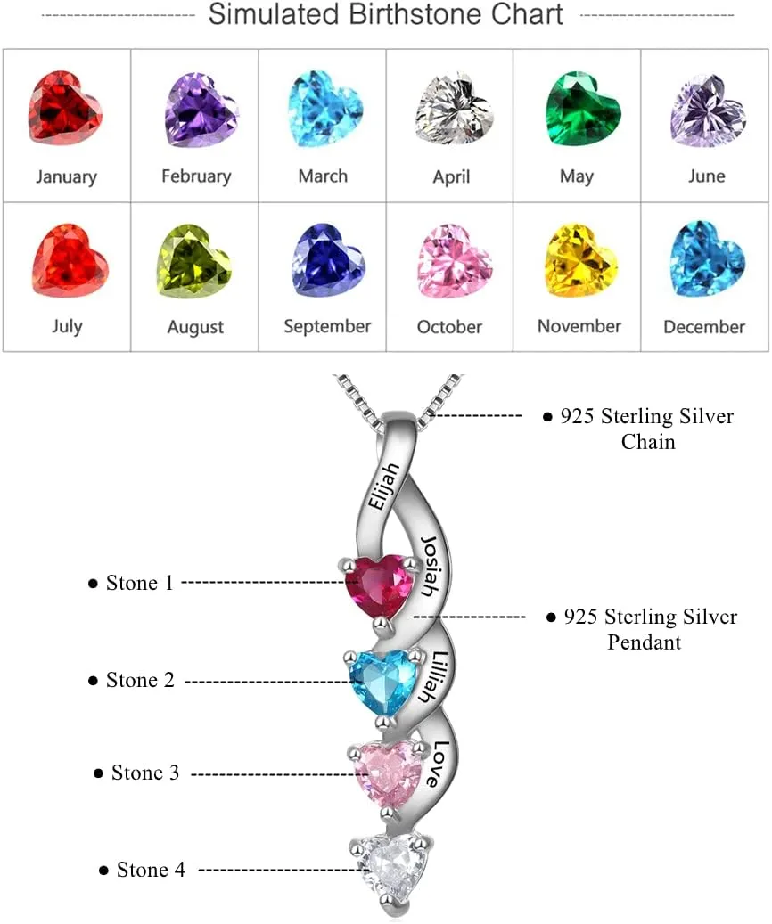Personalized Birthstone Necklace Engraved Name for Women - Custom Mother and Kids Name Pendant Necklace with 1-5 Stones in 925 Sterling Silver for Mother's Day Gift