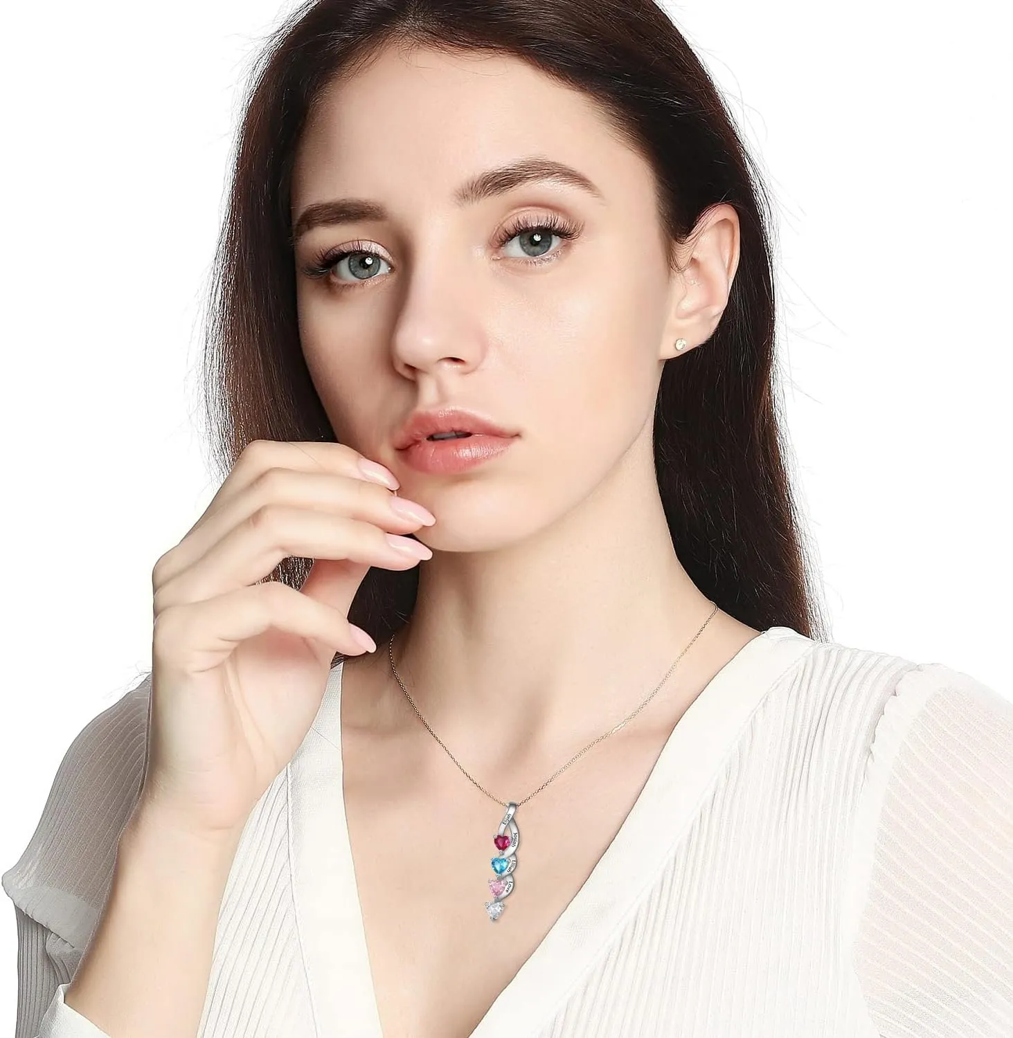 Personalized Birthstone Necklace Engraved Name for Women - Custom Mother and Kids Name Pendant Necklace with 1-5 Stones in 925 Sterling Silver for Mother's Day Gift