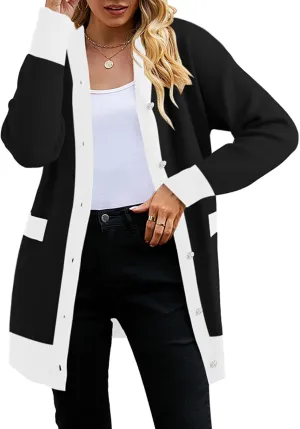 Pink Queen 2024 Fall Long Cardigan for Women Long Sleeve Open Front Button V Neck Houndstooth Cardigans Sweaters Dress