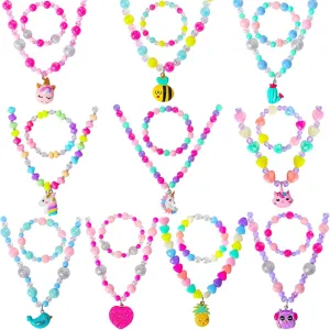 PinkSheep Jewelry Sets Beaded Necklace and Beads Bracelet for Kids Girls 10 Sets Unicorn Cat Mermaid Starfish Shells Bird Owl Necklace and Beads Little Favors Bags for Girls Princess Dress Up Pretend Play