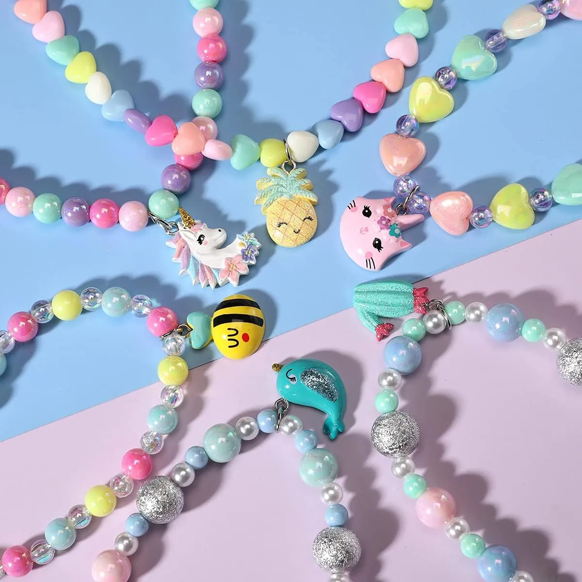 PinkSheep Jewelry Sets Beaded Necklace and Beads Bracelet for Kids Girls 10 Sets Unicorn Cat Mermaid Starfish Shells Bird Owl Necklace and Beads Little Favors Bags for Girls Princess Dress Up Pretend Play