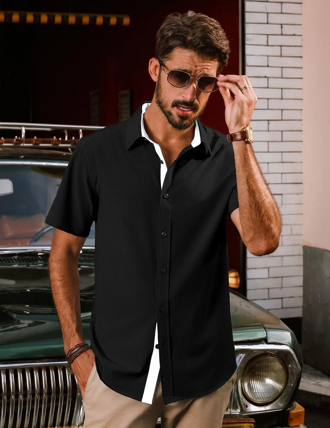 PJ PAUL JONES Mens Short Sleeve Button Down Shirts Casual Stylish Wrinkle-Free Untuckit Dress Shirt