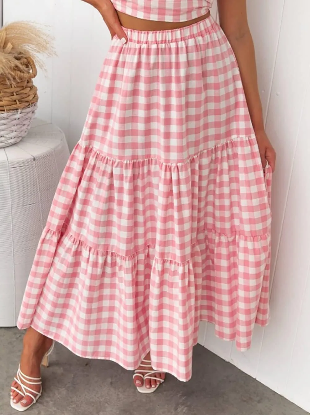 Plaid Skirt Women lastic High Waist Gingham Summer Plus Size Long Skirt A Line Long Skirt