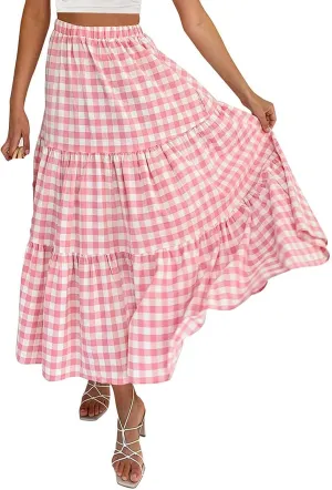 Plaid Skirt Women lastic High Waist Gingham Summer Plus Size Long Skirt A Line Long Skirt