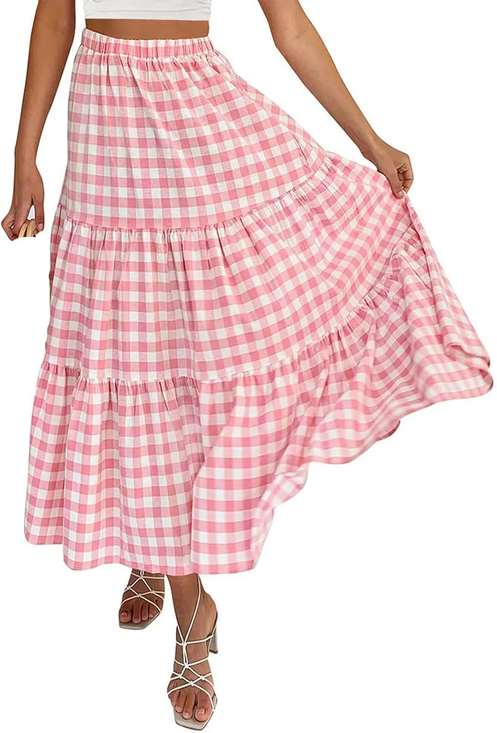 Plaid Skirt Women lastic High Waist Gingham Summer Plus Size Long Skirt A Line Long Skirt