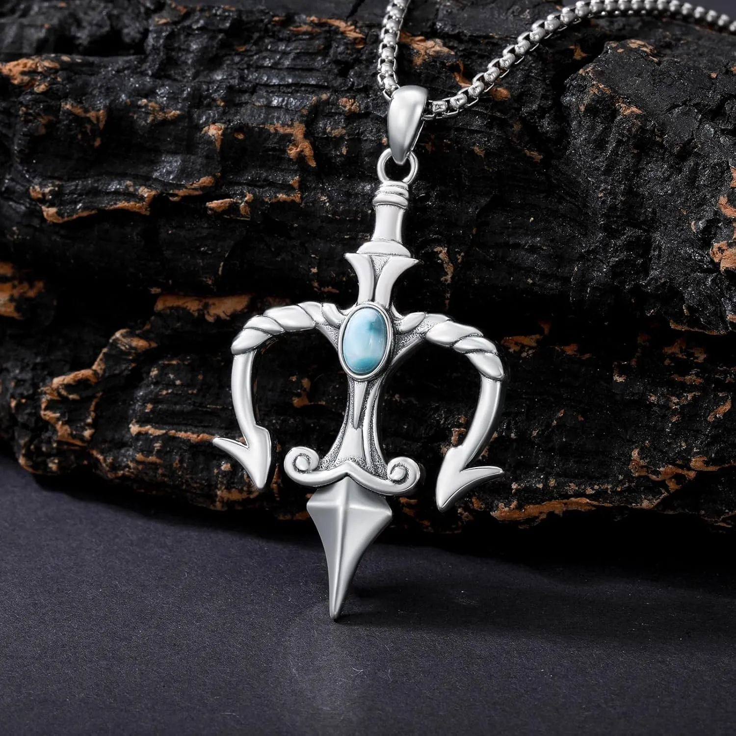Poseidon Trident Pendant for Men 925 Sterling Silver Natural Gemstone Vintage Poseid Trident Necklace Ancient Greece Amulet Jewelry Aquaman Gift for Father Boyfriend
