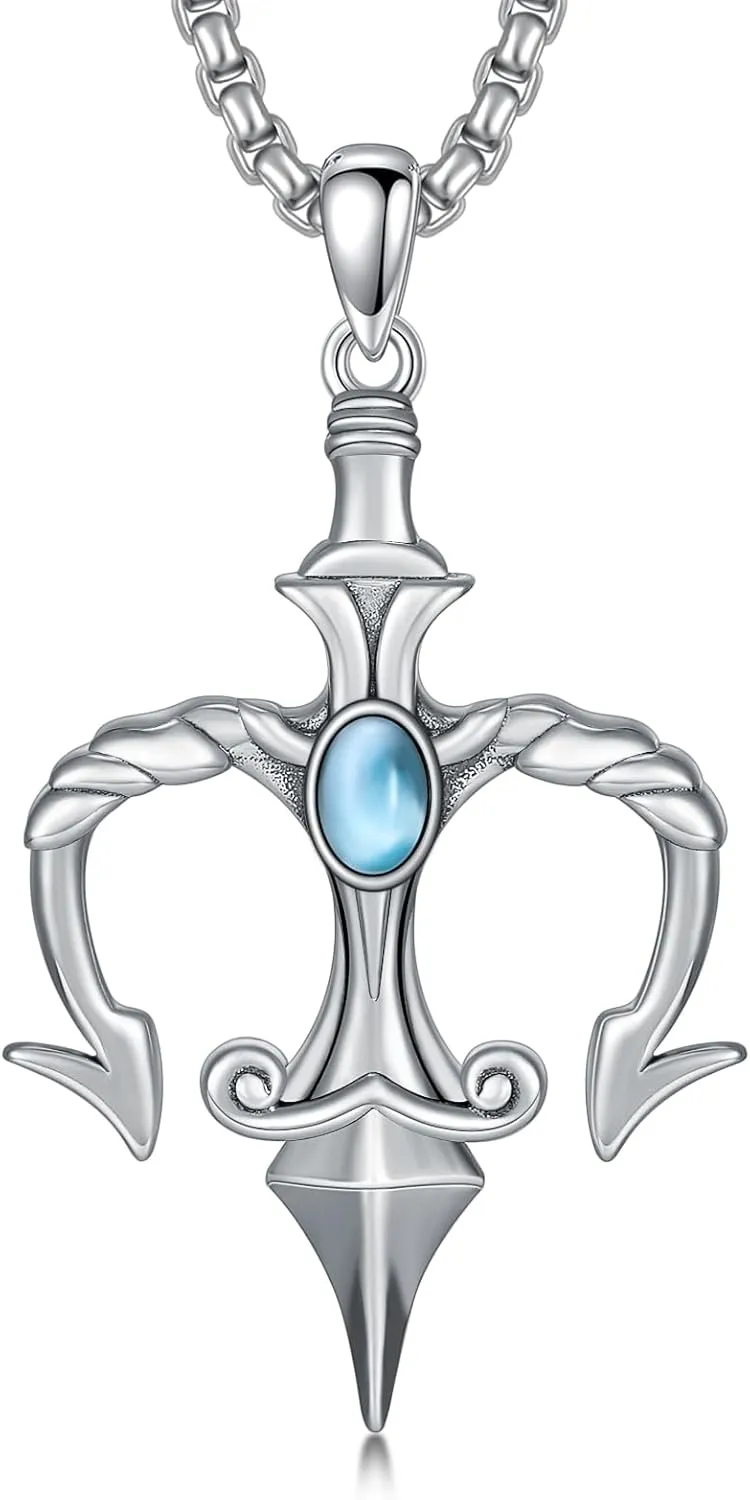 Poseidon Trident Pendant for Men 925 Sterling Silver Natural Gemstone Vintage Poseid Trident Necklace Ancient Greece Amulet Jewelry Aquaman Gift for Father Boyfriend