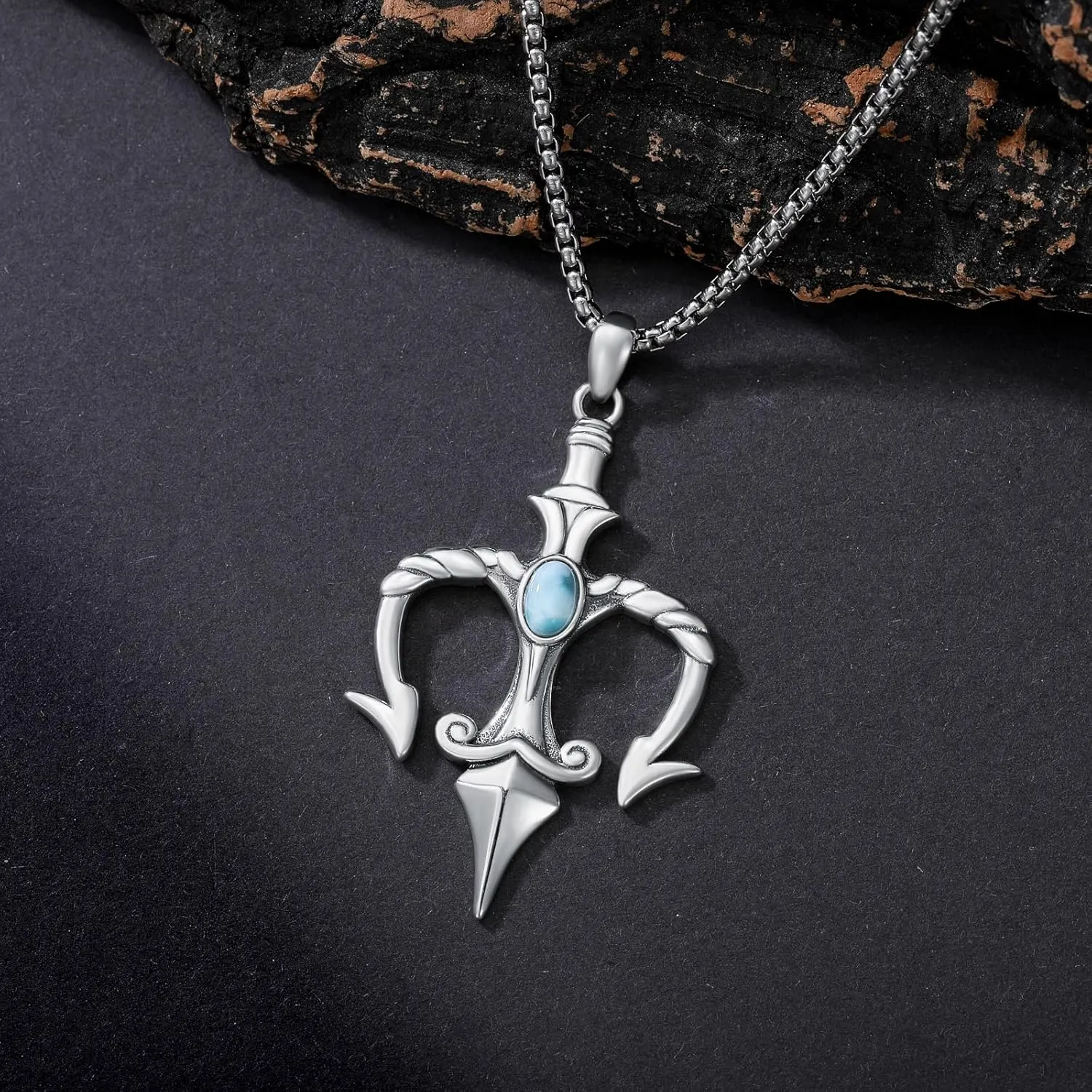 Poseidon Trident Pendant for Men 925 Sterling Silver Natural Gemstone Vintage Poseid Trident Necklace Ancient Greece Amulet Jewelry Aquaman Gift for Father Boyfriend