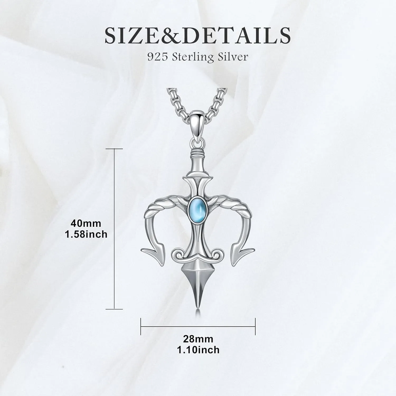 Poseidon Trident Pendant for Men 925 Sterling Silver Natural Gemstone Vintage Poseid Trident Necklace Ancient Greece Amulet Jewelry Aquaman Gift for Father Boyfriend