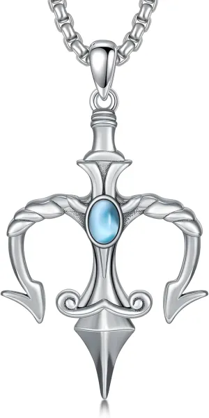Poseidon Trident Pendant for Men 925 Sterling Silver Natural Gemstone Vintage Poseid Trident Necklace Ancient Greece Amulet Jewelry Aquaman Gift for Father Boyfriend