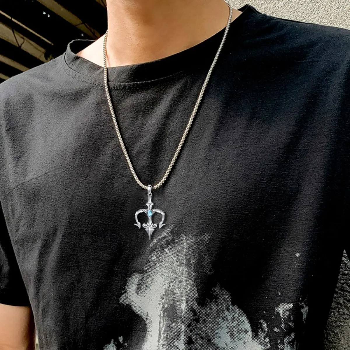 Poseidon Trident Pendant for Men 925 Sterling Silver Natural Gemstone Vintage Poseid Trident Necklace Ancient Greece Amulet Jewelry Aquaman Gift for Father Boyfriend