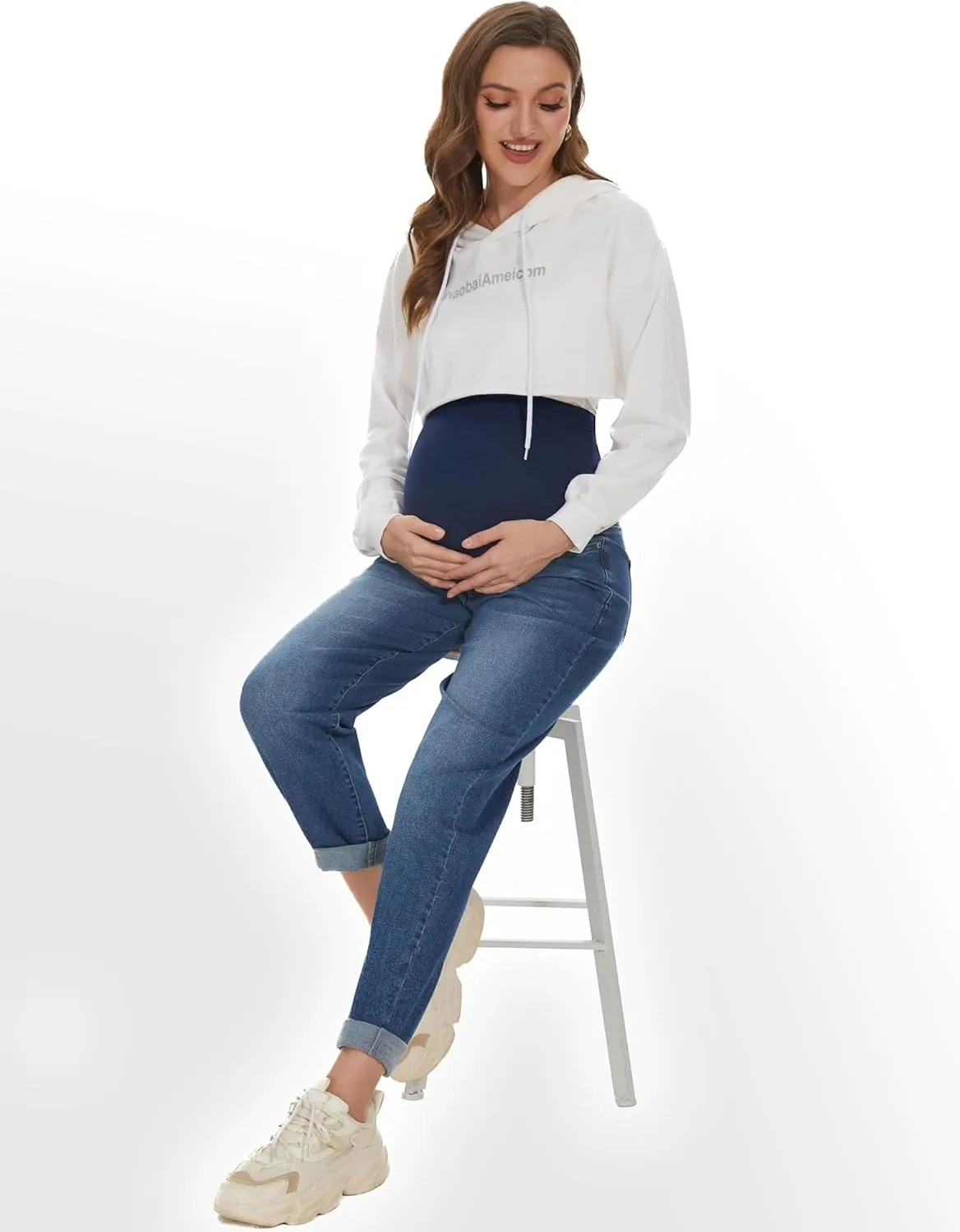 POSHGLAM Women's Maternity Jeans Over Belly Comfy Stretch Boyfriend Jeans Loose Pregnancy Pants, S-XXL
