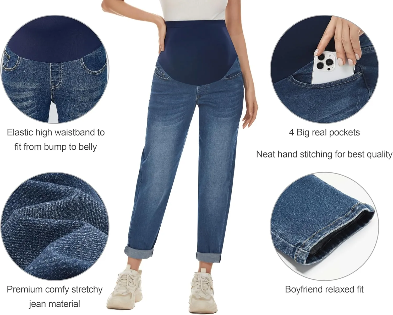 POSHGLAM Women's Maternity Jeans Over Belly Comfy Stretch Boyfriend Jeans Loose Pregnancy Pants, S-XXL