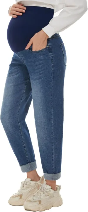 POSHGLAM Women's Maternity Jeans Over Belly Comfy Stretch Boyfriend Jeans Loose Pregnancy Pants, S-XXL