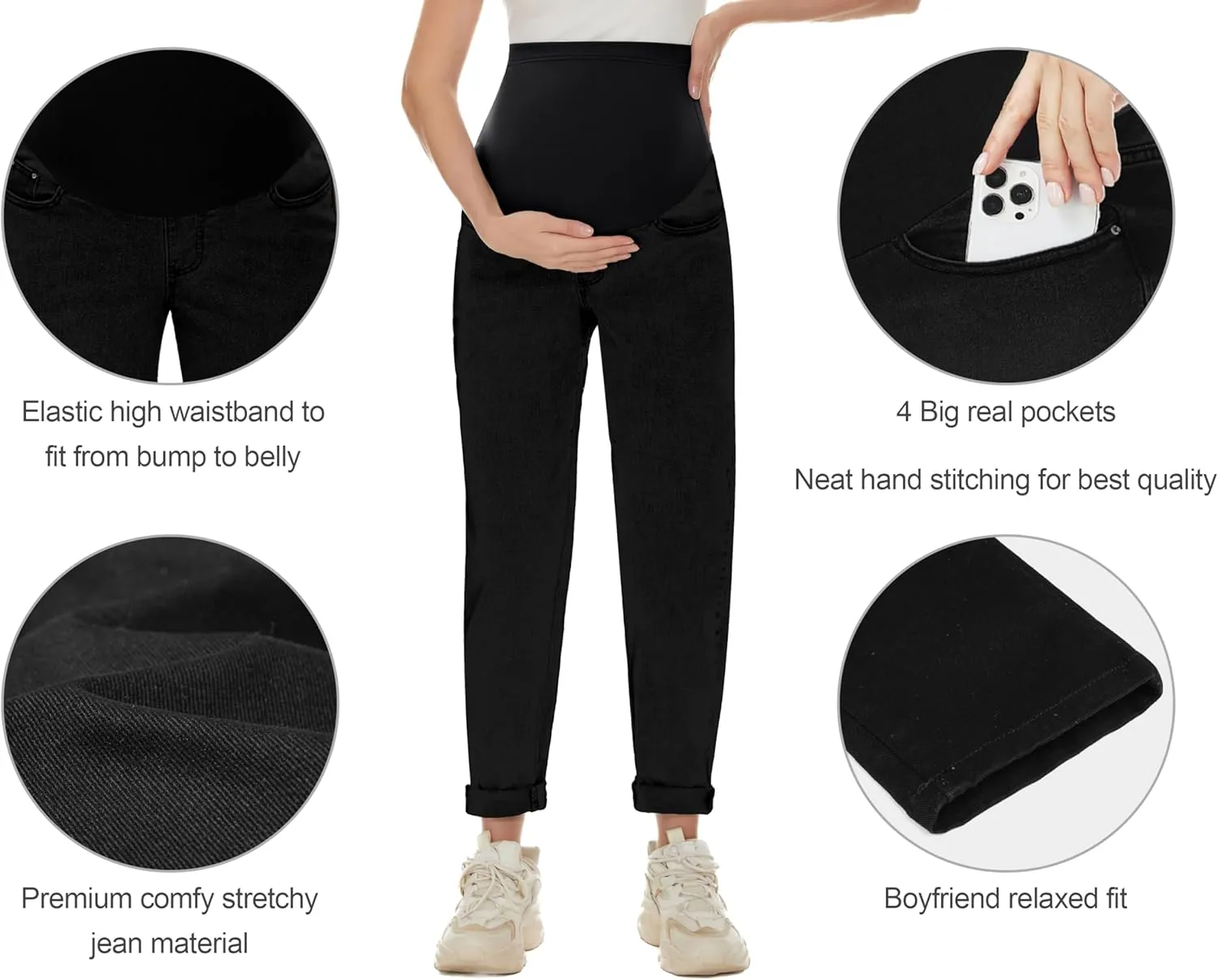 POSHGLAM Women's Maternity Jeans Over Belly Comfy Stretch Boyfriend Jeans Loose Pregnancy Pants, S-XXL