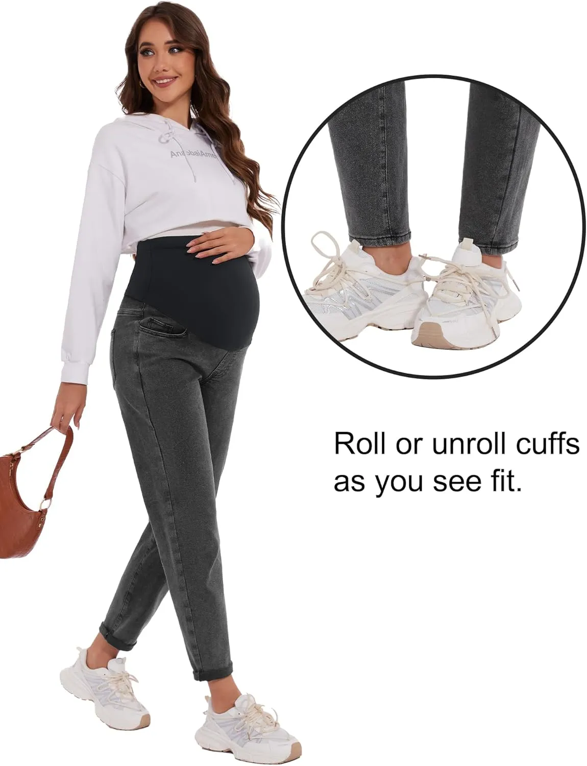 POSHGLAM Women's Maternity Jeans Over Belly Comfy Stretch Boyfriend Jeans Loose Pregnancy Pants, S-XXL