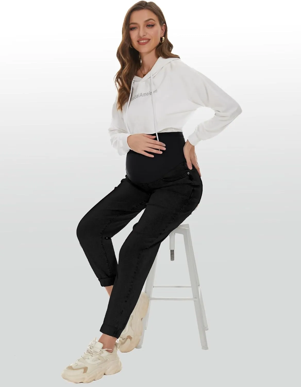 POSHGLAM Women's Maternity Jeans Over Belly Comfy Stretch Boyfriend Jeans Loose Pregnancy Pants, S-XXL