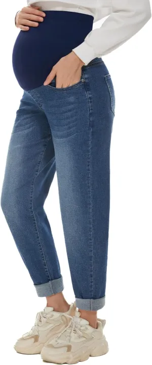 POSHGLAM Women's Maternity Jeans Over Belly Comfy Stretch Boyfriend Jeans Loose Pregnancy Pants, S-XXL
