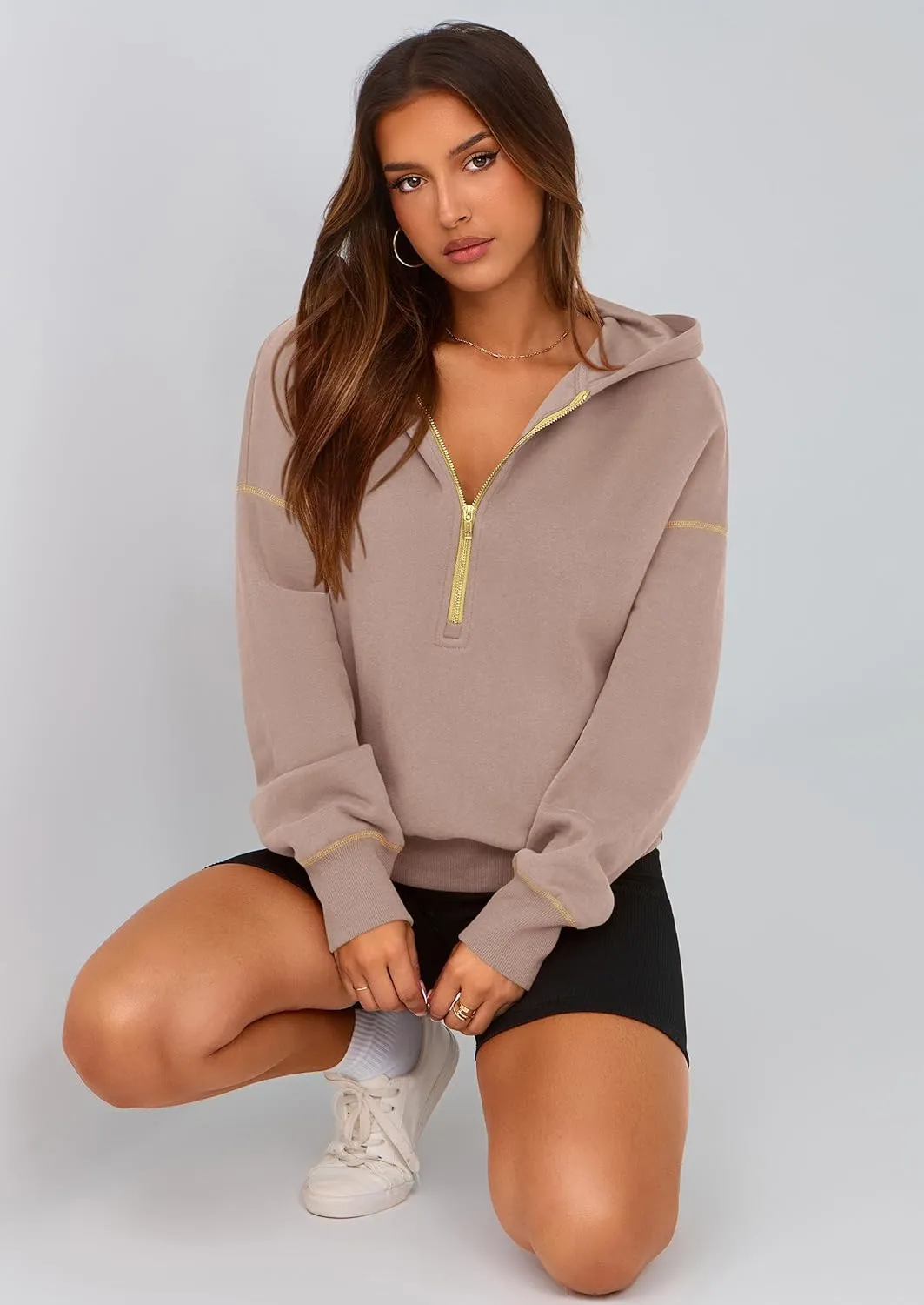 PRETTYGARDEN Women's Hooded Sweatshirts Long Sleeve Half Zip Cropped Hoodie Pullover Winter Fashion Clothes