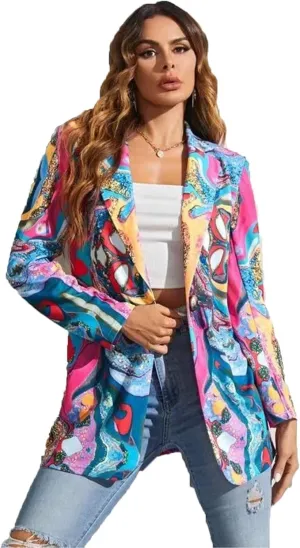 Printed Blazers for Women Colorful Women's Long Sleeves Notch Lapel Floral Blazer Casual Suit Jacket