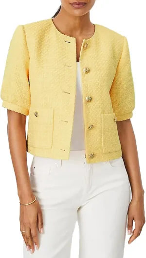Puff Short Sleeve Tweed Jacket Women Cropped Jackets Summer Open Front Office Work Blazer Coat Yellow