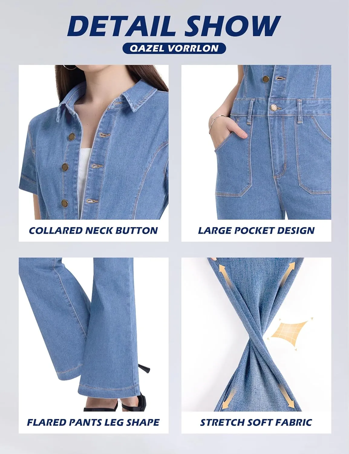 Qazel Vorrlon Denim Jumpsuit for Women Flare Wide Leg Blue Jean Jumper Short Sleeve Button Stretch Long Romper Pants