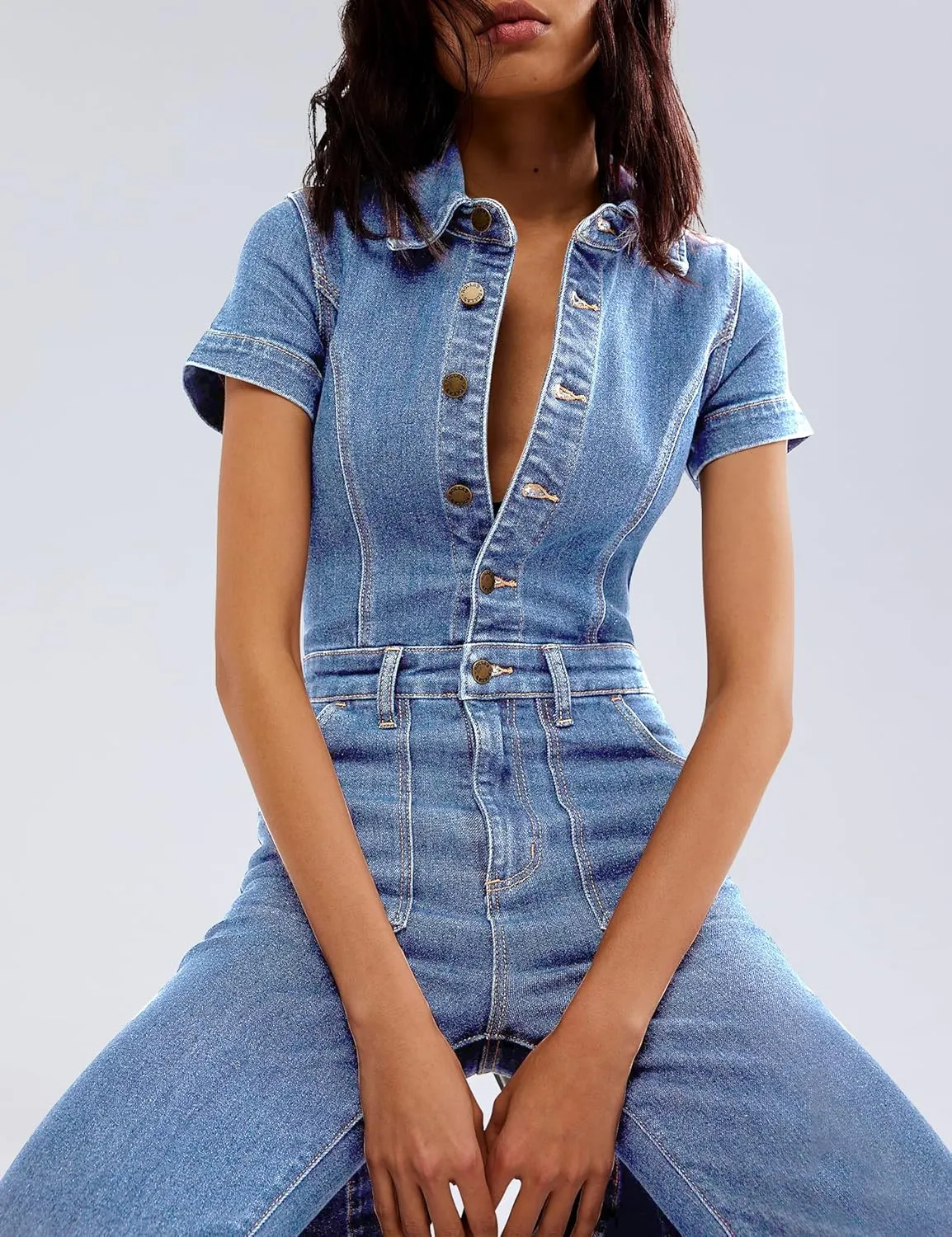 Qazel Vorrlon Denim Jumpsuit for Women Flare Wide Leg Blue Jean Jumper Short Sleeve Button Stretch Long Romper Pants